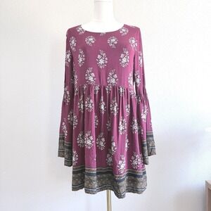 Very J Pull Over Flare Sleeve Tunic Mini Dress Boho Cottagecore Lined Paisley L